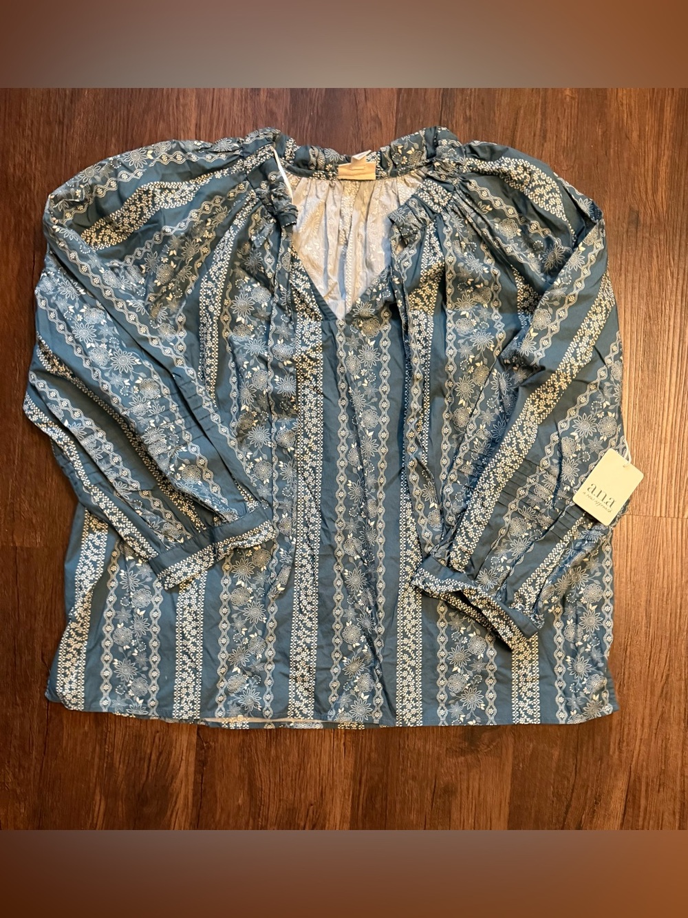 a.n.a Blue and White Patterned Peasant Tunic Top